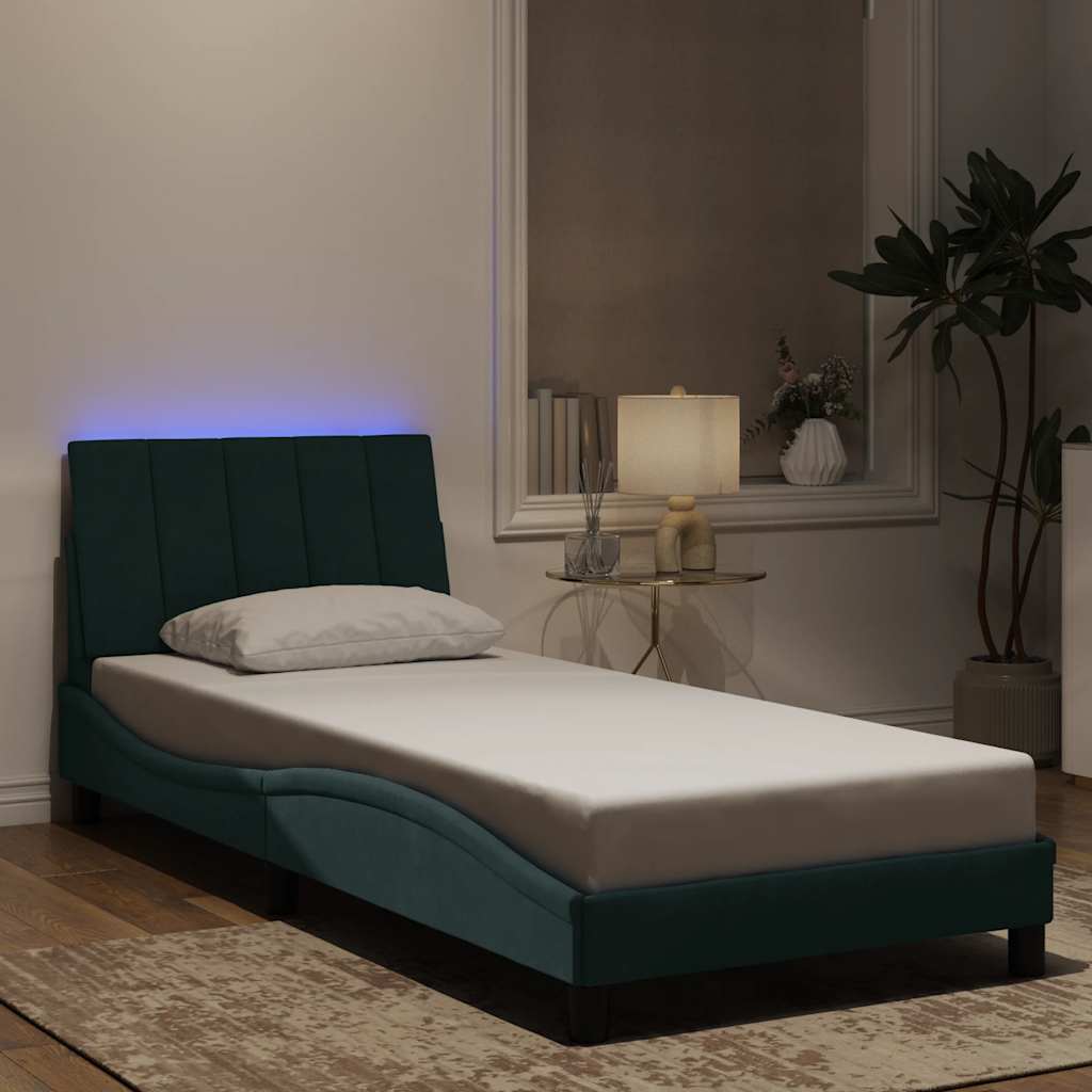 Bed Frame with LED without Mattress "Hanko" Dark Green 90x200 cm Velvet