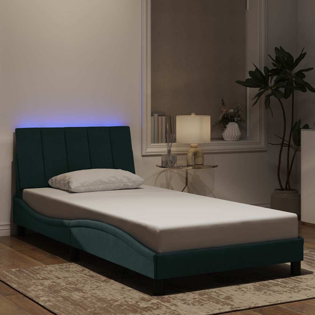 Sängram med LED utan madrass Hanko mörkgrön 100x200 cm sammet