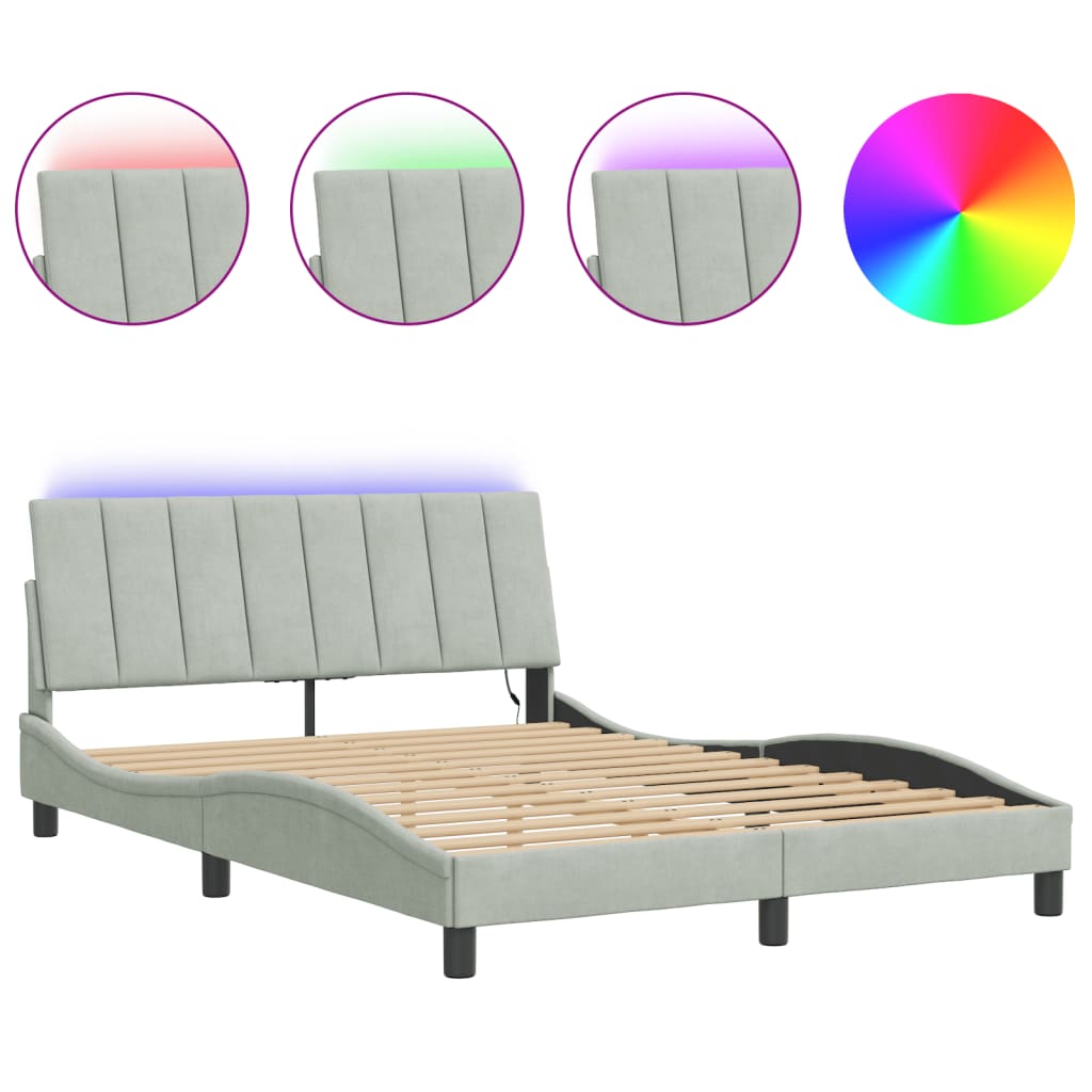 Bed Frame with LED without Mattress "Hanko" Light Grey 140x200 cm Velvet
