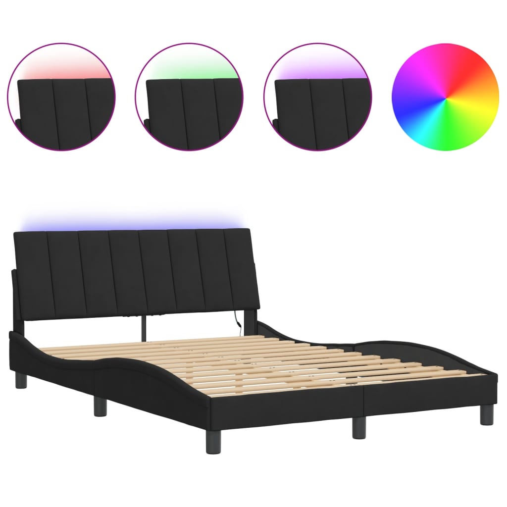 Bed Frame with LED without Mattress "Hanko" Black 140x200 cm Velvet