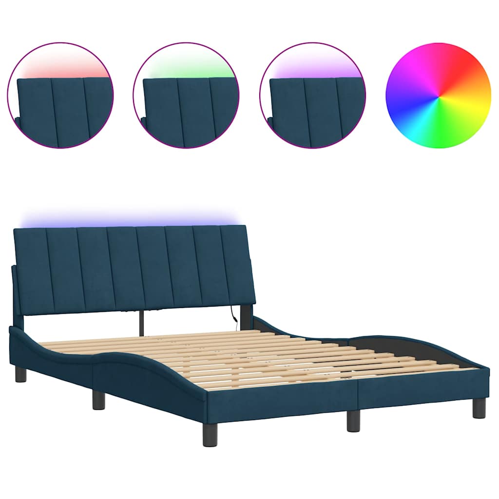 Bed Frame with LED without Mattress "Hanko" Blue 140x200 cm Velvet