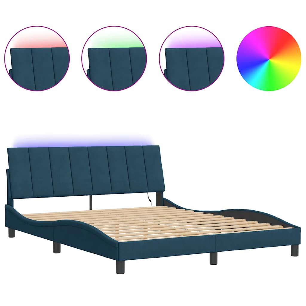 Bed Frame with LED without Mattress "Hanko" Blue 200x200 cm Velvet