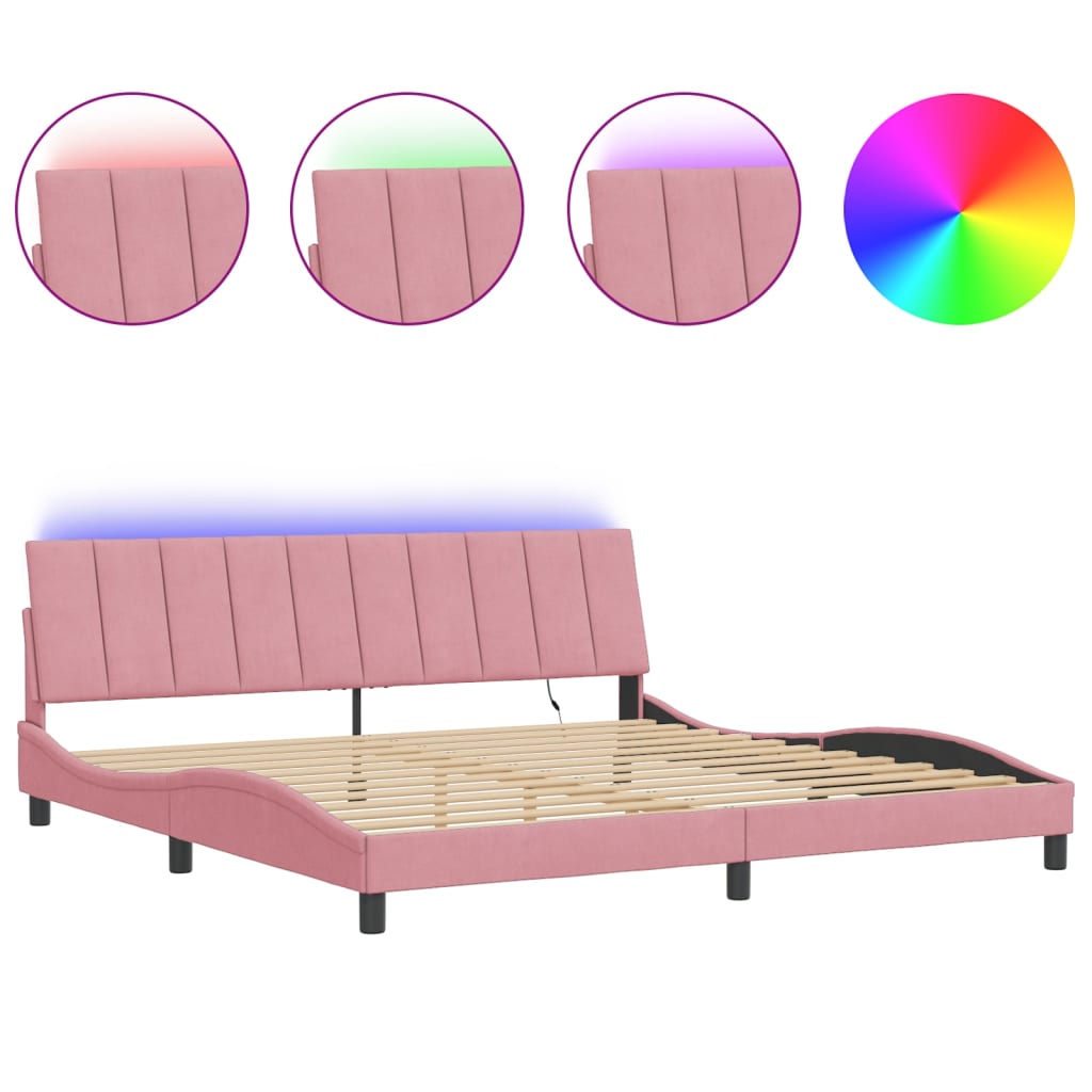 Bed Frame with LED without Mattress "Hanko" Pink 200x200 cm Velvet