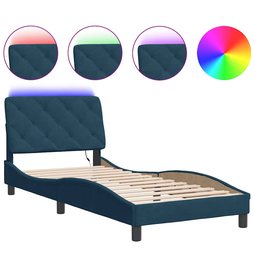 Bed Frame with LED without Mattress Blue 90x190 cm Velvet