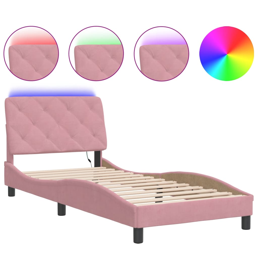 Bed Frame with LED without Mattress Pink 90x190 cm Velvet