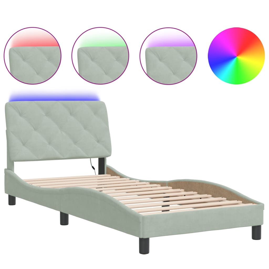 Bed Frame with LED without Mattress Light Grey 90x200 cm Velvet