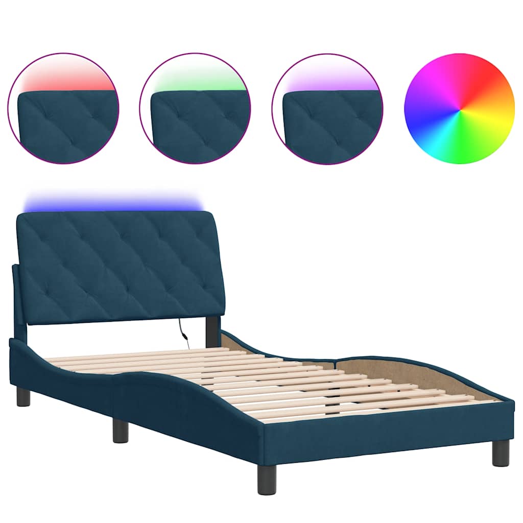 Bed Frame with LED without Mattress Blue 100x200 cm Velvet