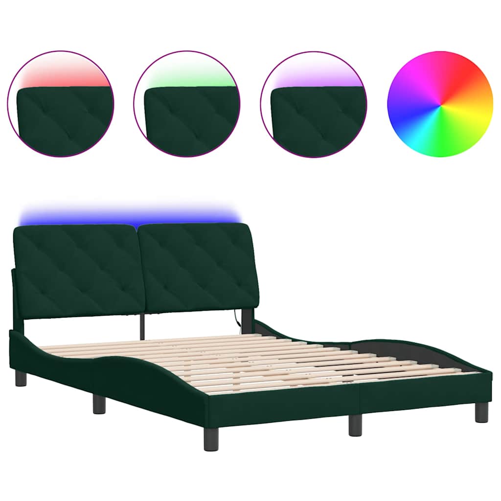 Bed Frame with LED without Mattress Dark Green 140x190 cm Velvet