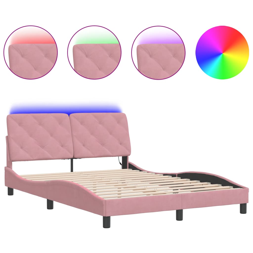 Bed Frame with LED without Mattress Pink 140x190 cm Velvet