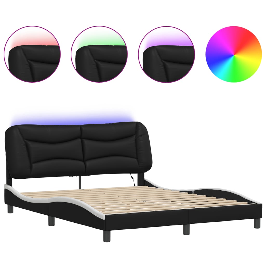 Bed Frame with LED without Mattress "Hvar" Black and White 160x200 cm