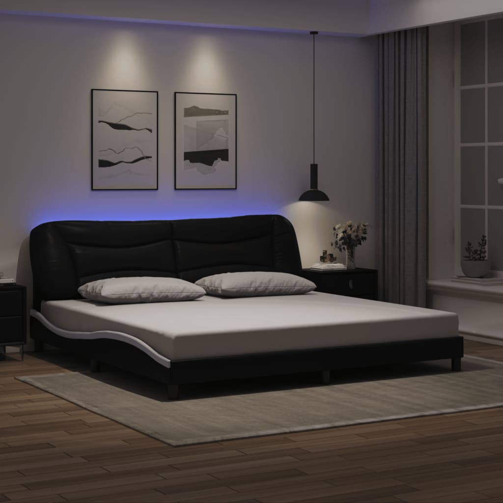 Bed Frame with LED without Mattress "Hvar" Black and White 200x200 cm