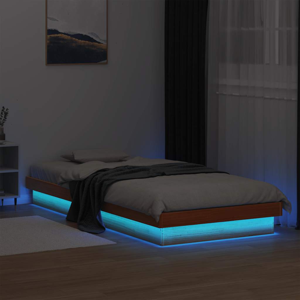 Sängram med LED vaxad brun 90x200 cm massiv furu