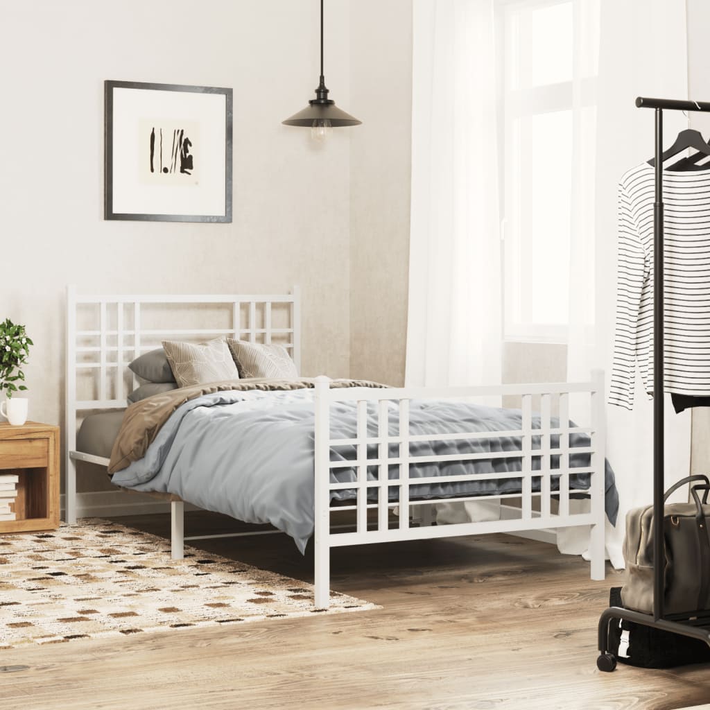 Sängram med huvudgavel och fotgavel vit metall 107x203 cm