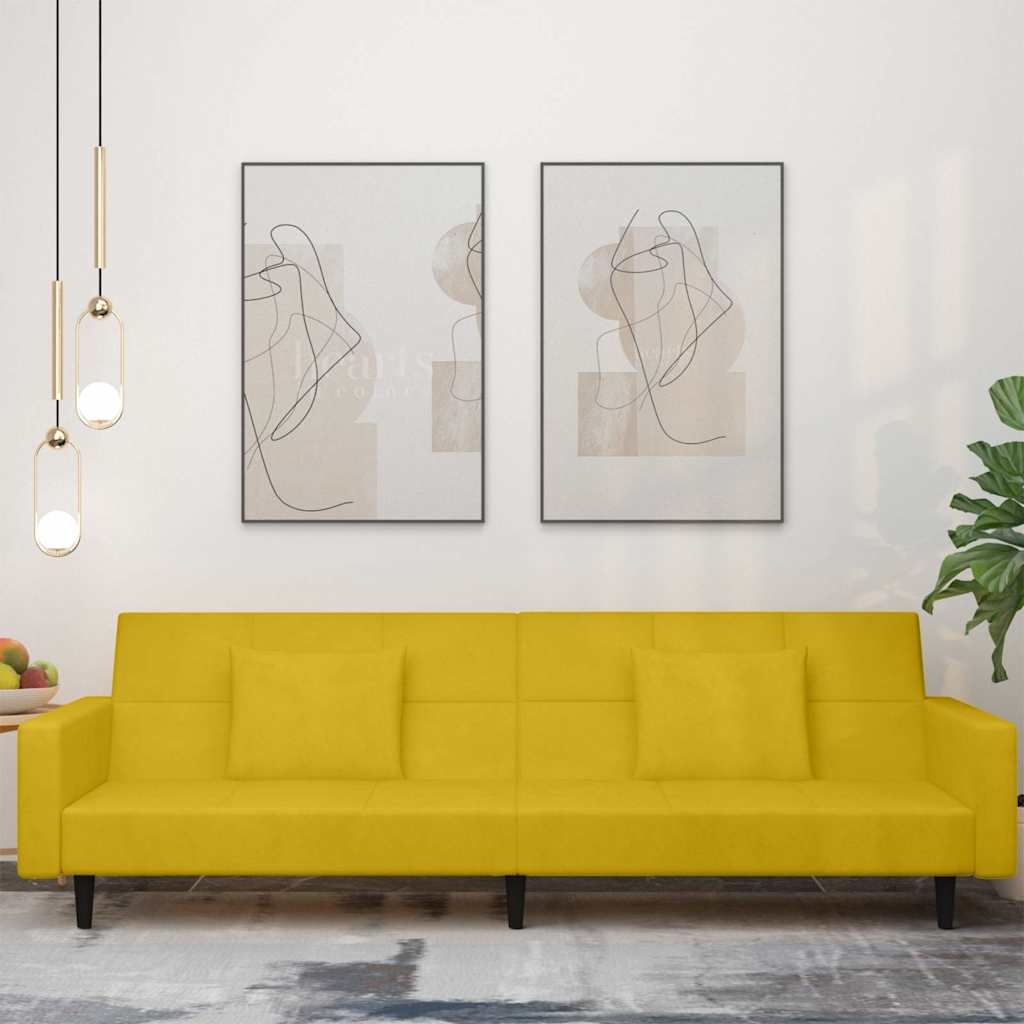 Bäddsoffa 2-sits med två kuddar gul sammet