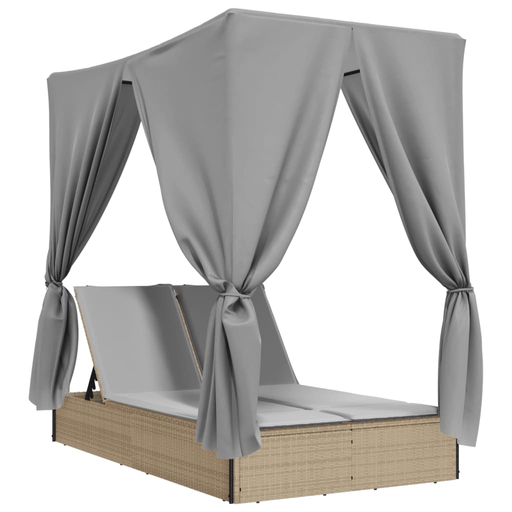 Dubbel solsäng med tak och dynor beige konstrotting