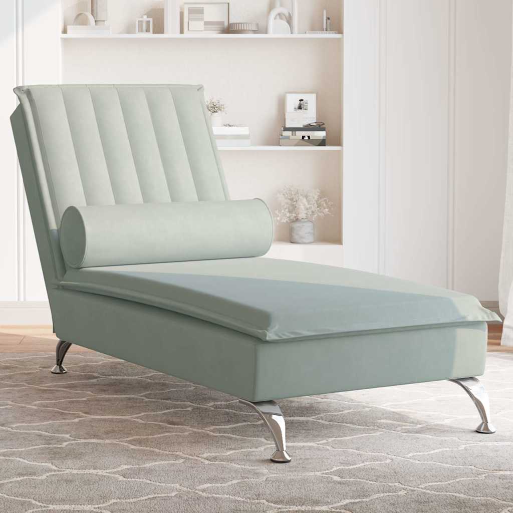 Massageschäslong med bolster ljusgrå sammet
