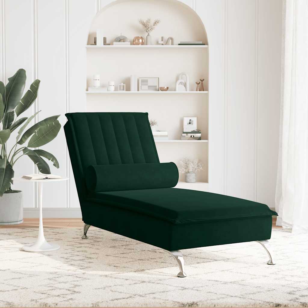 Massageschäslong med bolster mörkgrön sammet