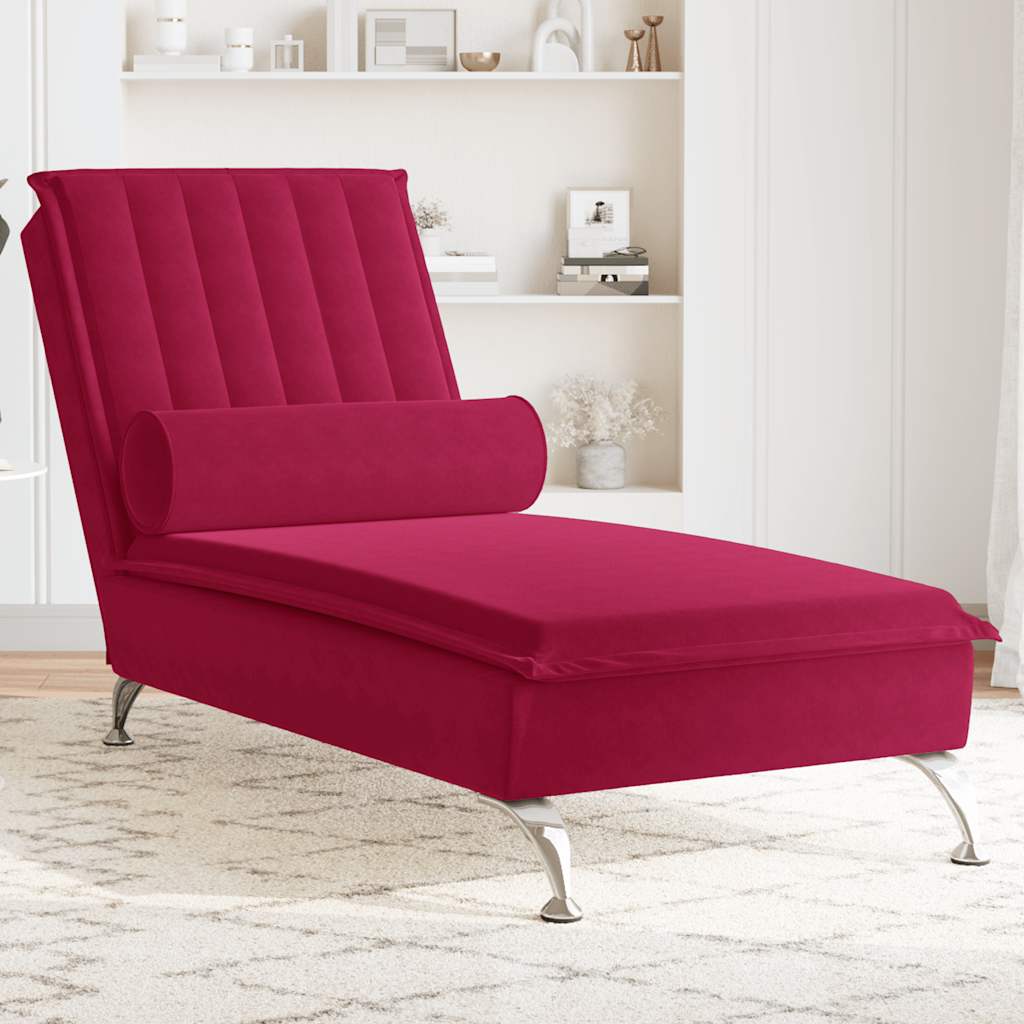 Massageschäslong med bolster vinröd sammet
