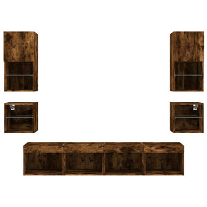 Tv-bänk 8 delar LED rökfärgad ek konstruerat trä