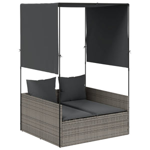 Dubbel solsäng med tak och dynor grå konstrotting