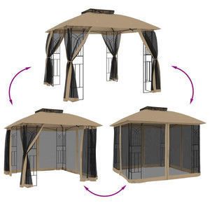Paviljong med dubbelt tak & nätväggar taupe 2,94x2,94 m stål