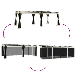 Paviljong med nätväggar gräddvit 6x3 m stål