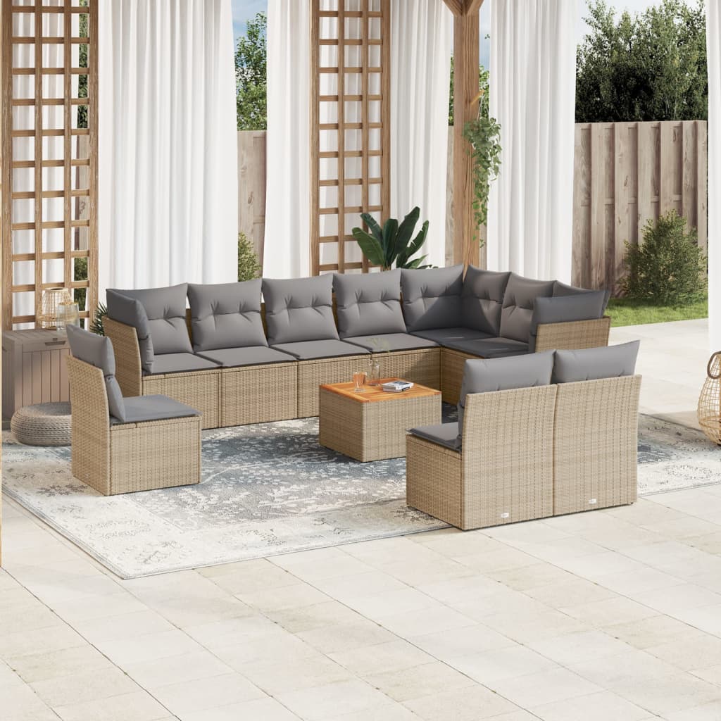 Loungegrupp för trädgården m. dynor 11 delar beige konstrotting