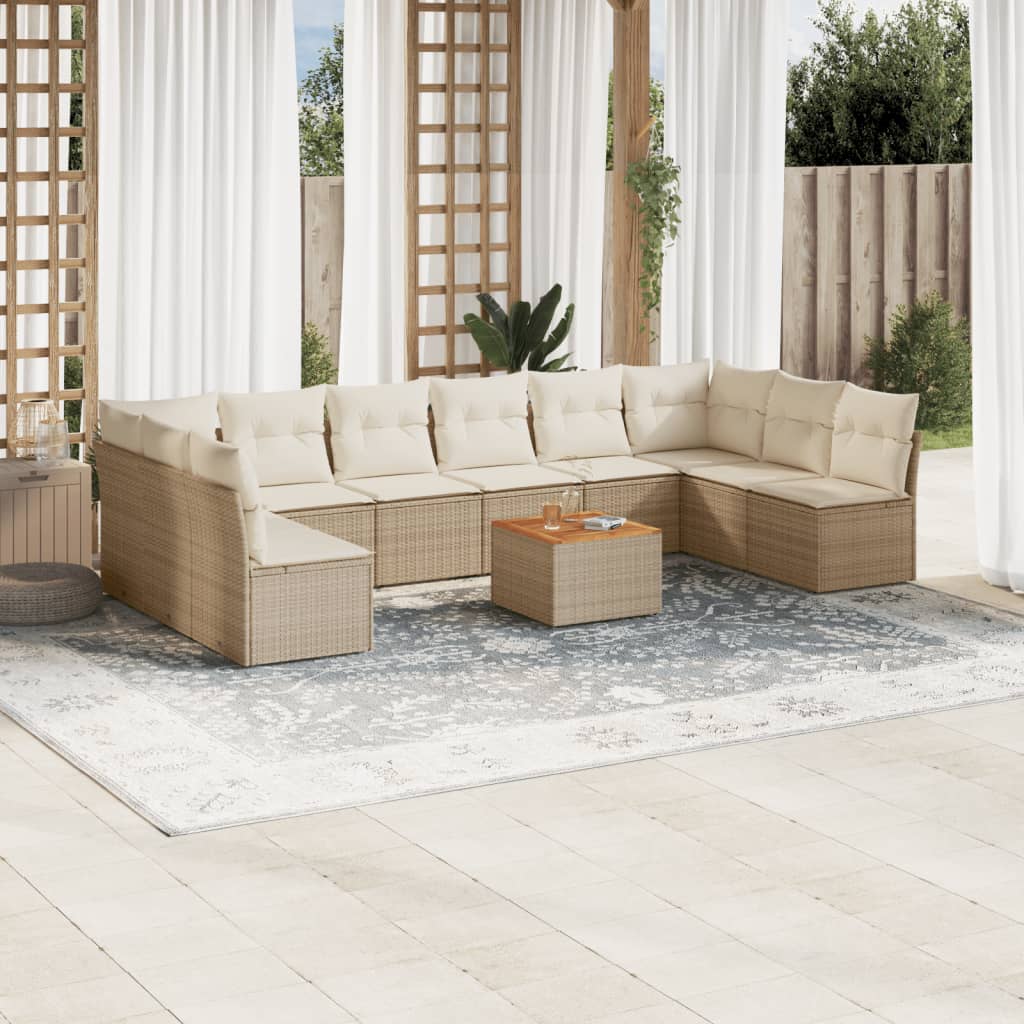 Loungegrupp för trädgården m. dynor 11 delar beige konstrotting