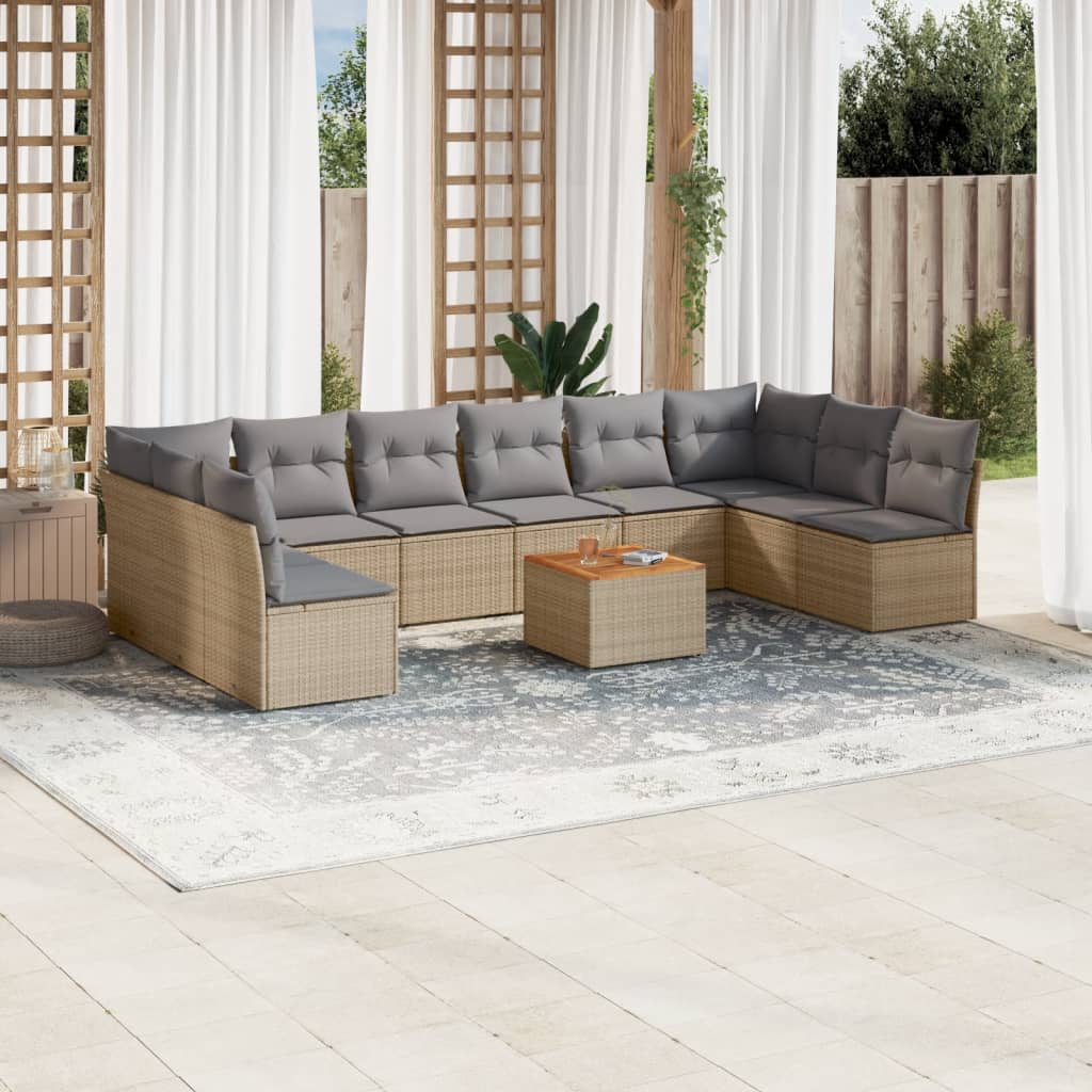 Loungegrupp för trädgården m. dynor 11 delar beige konstrotting