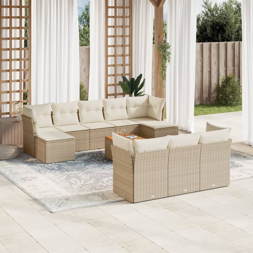 Loungegrupp för trädgården m. dynor 11 delar beige konstrotting