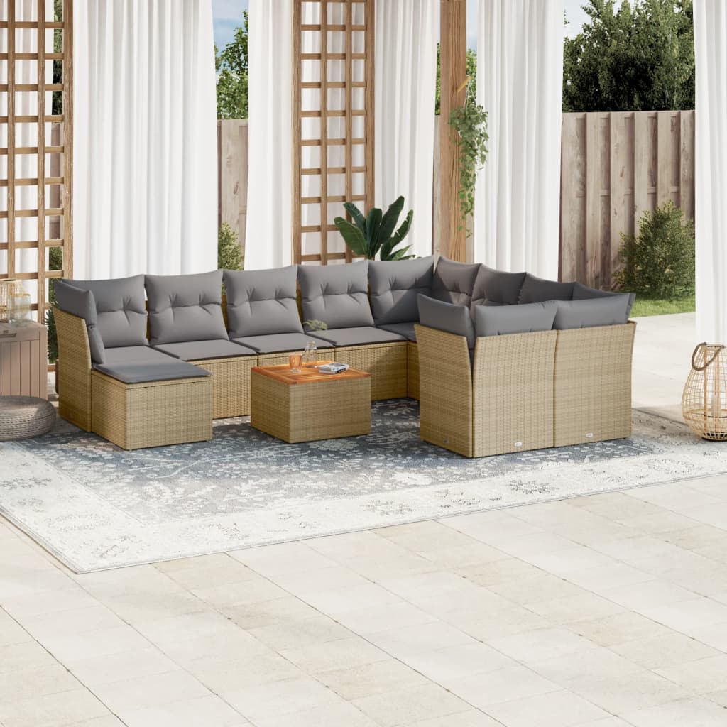 Loungegrupp för trädgården m. dynor 11 delar beige konstrotting