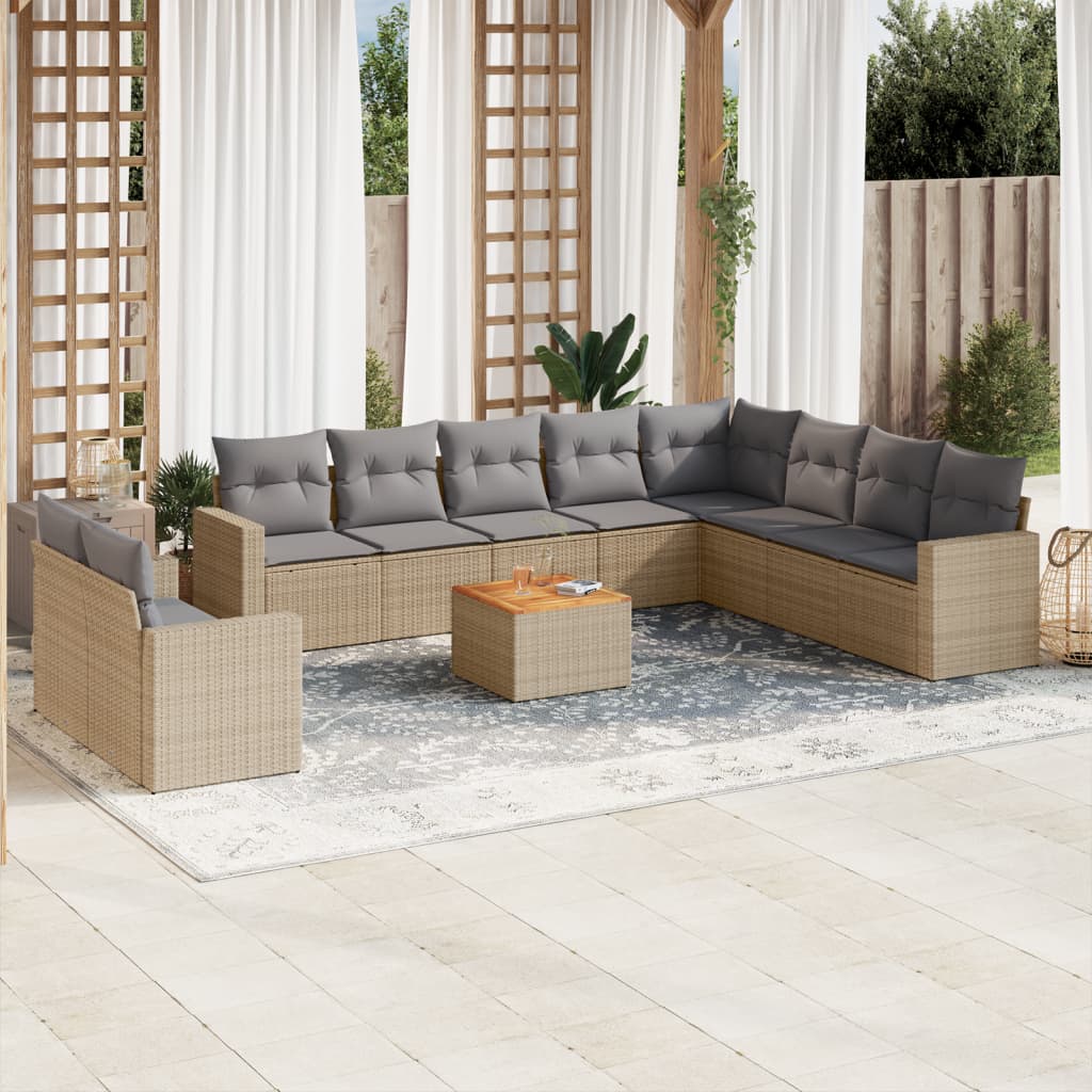 Loungegrupp för trädgården m. dynor 11 delar beige konstrotting