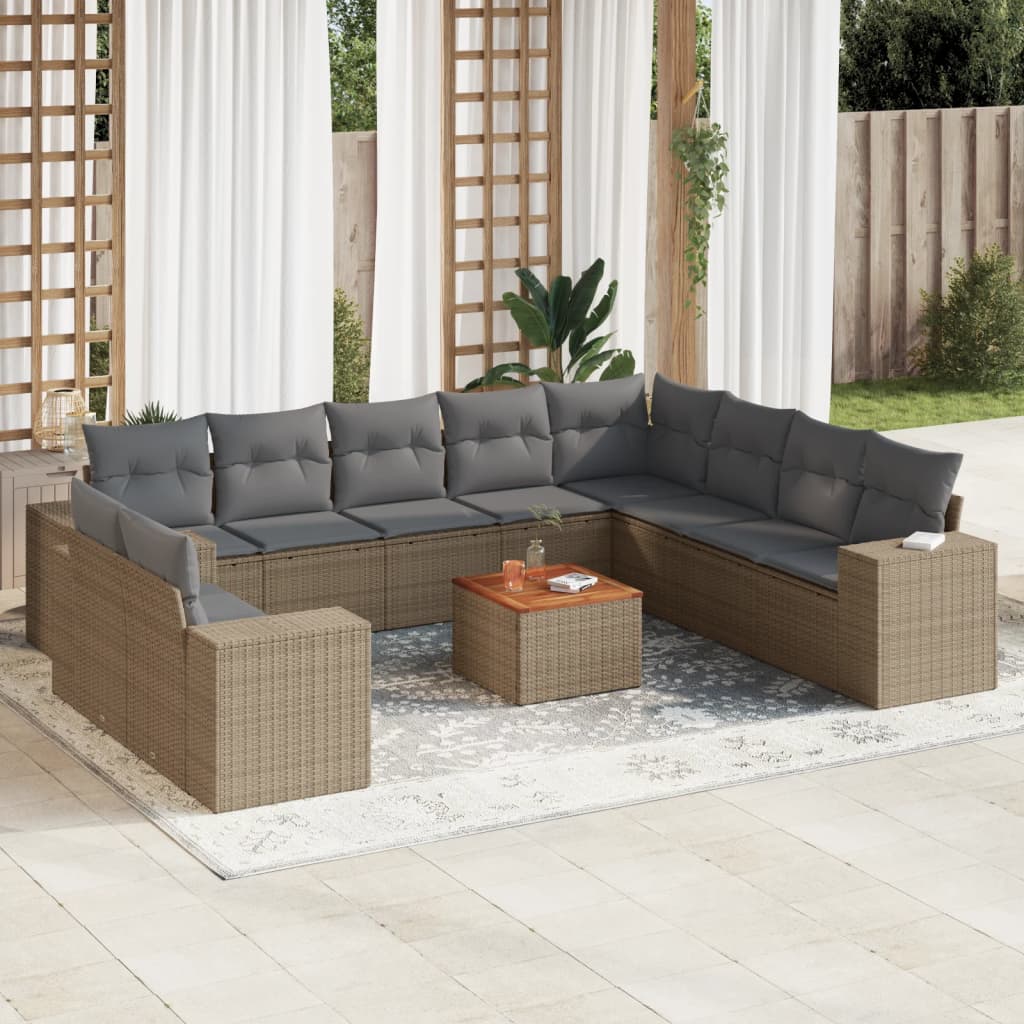 Loungegrupp för trädgården m. dynor 11 delar beige konstrotting