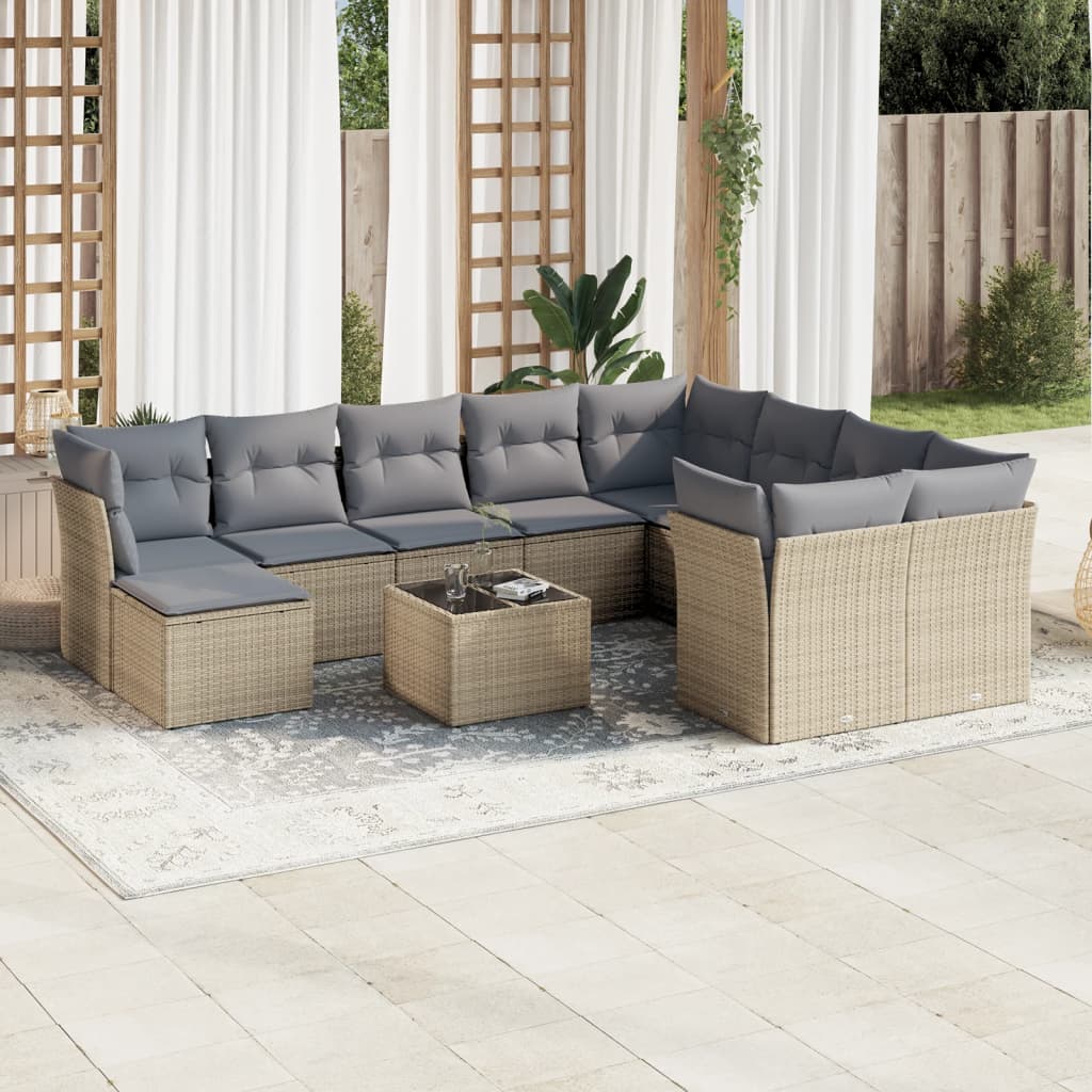 Loungegrupp för trädgården m. dynor 11 delar beige konstrotting