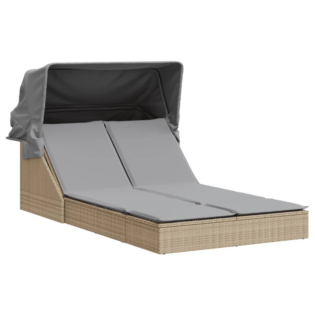 Dubbel solsäng med tak och dynor beige konstrotting