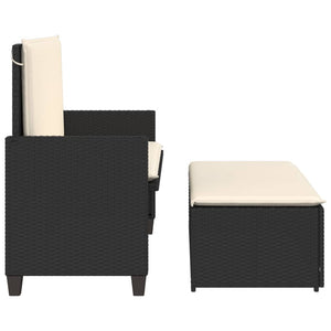 Trädgårdsbänk med dynor och fotpall svart konstrotting