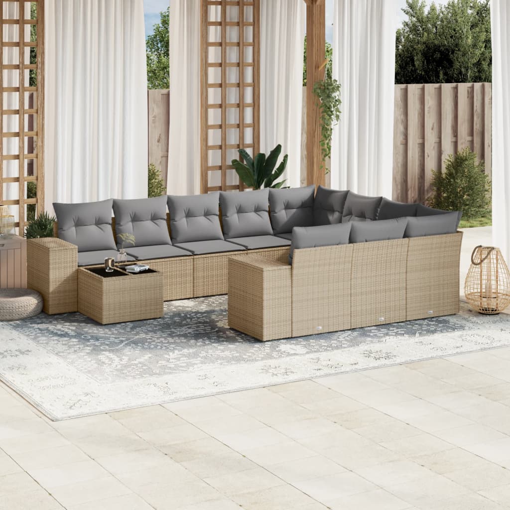 Loungegrupp för trädgården m. dynor 11 delar beige konstrotting