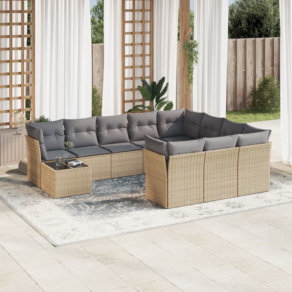Loungegrupp för trädgården m. dynor 11 delar beige konstrotting