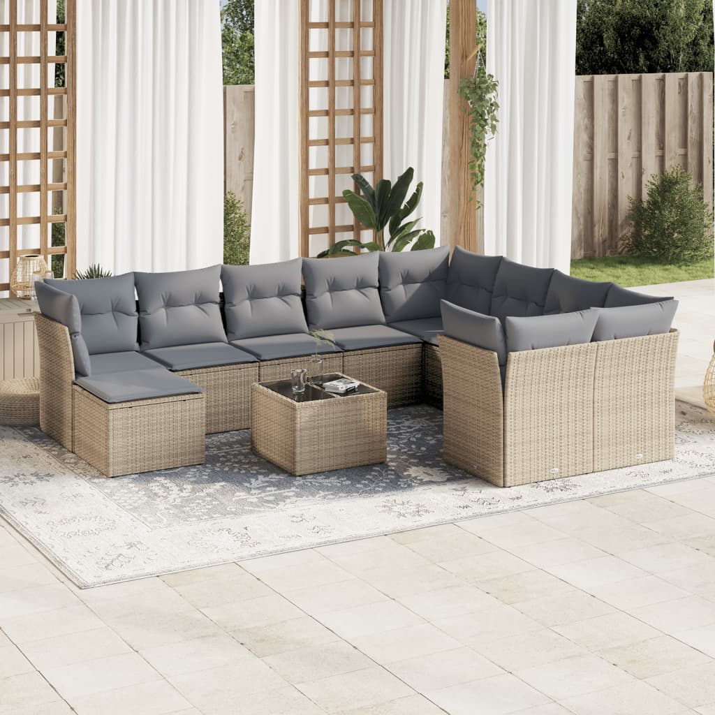 Loungegrupp för trädgården m. dynor 11 delar beige konstrotting