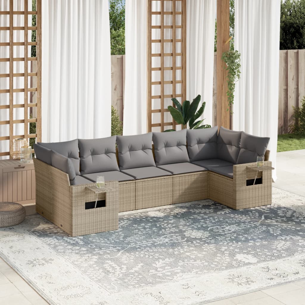 Matgrupp för trädgården med dynor 7 delar beige konstrotting