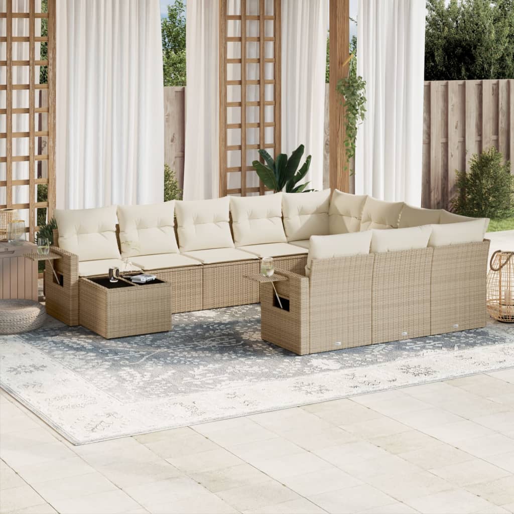 Loungegrupp för trädgården m. dynor 11 delar beige konstrotting