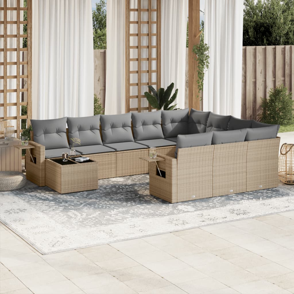 Loungegrupp för trädgården m. dynor 11 delar beige konstrotting