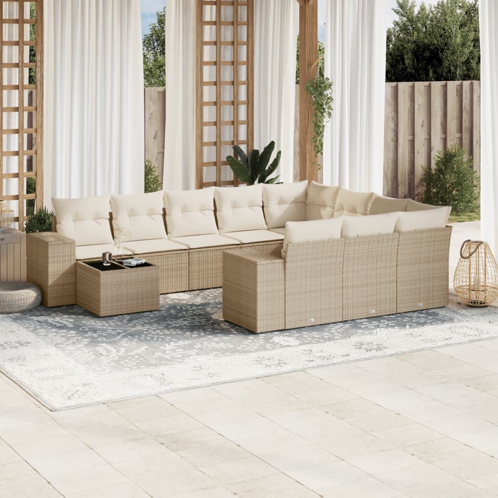 Loungegrupp för trädgården m. dynor 11 delar beige konstrotting