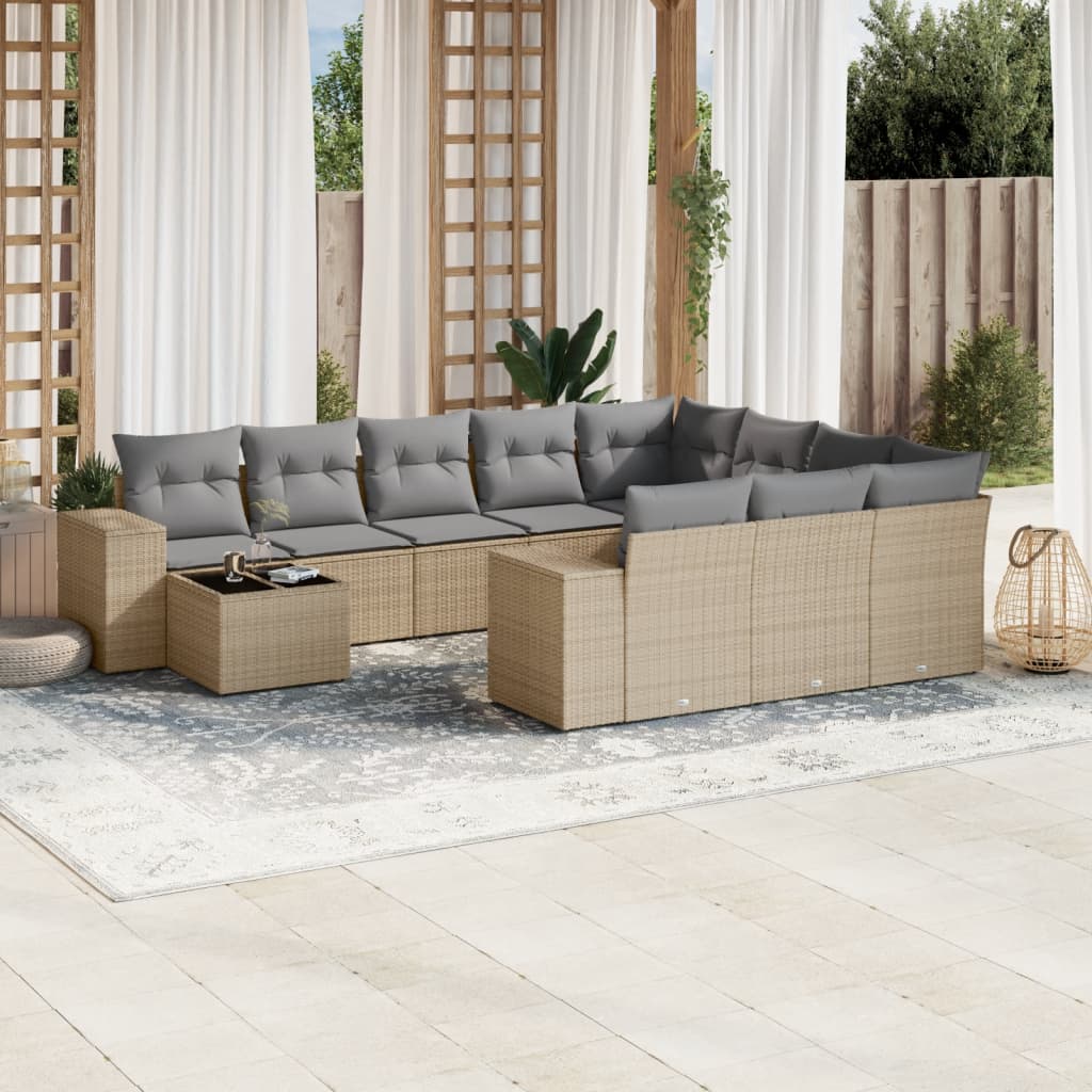 Loungegrupp för trädgården m. dynor 11 delar beige konstrotting