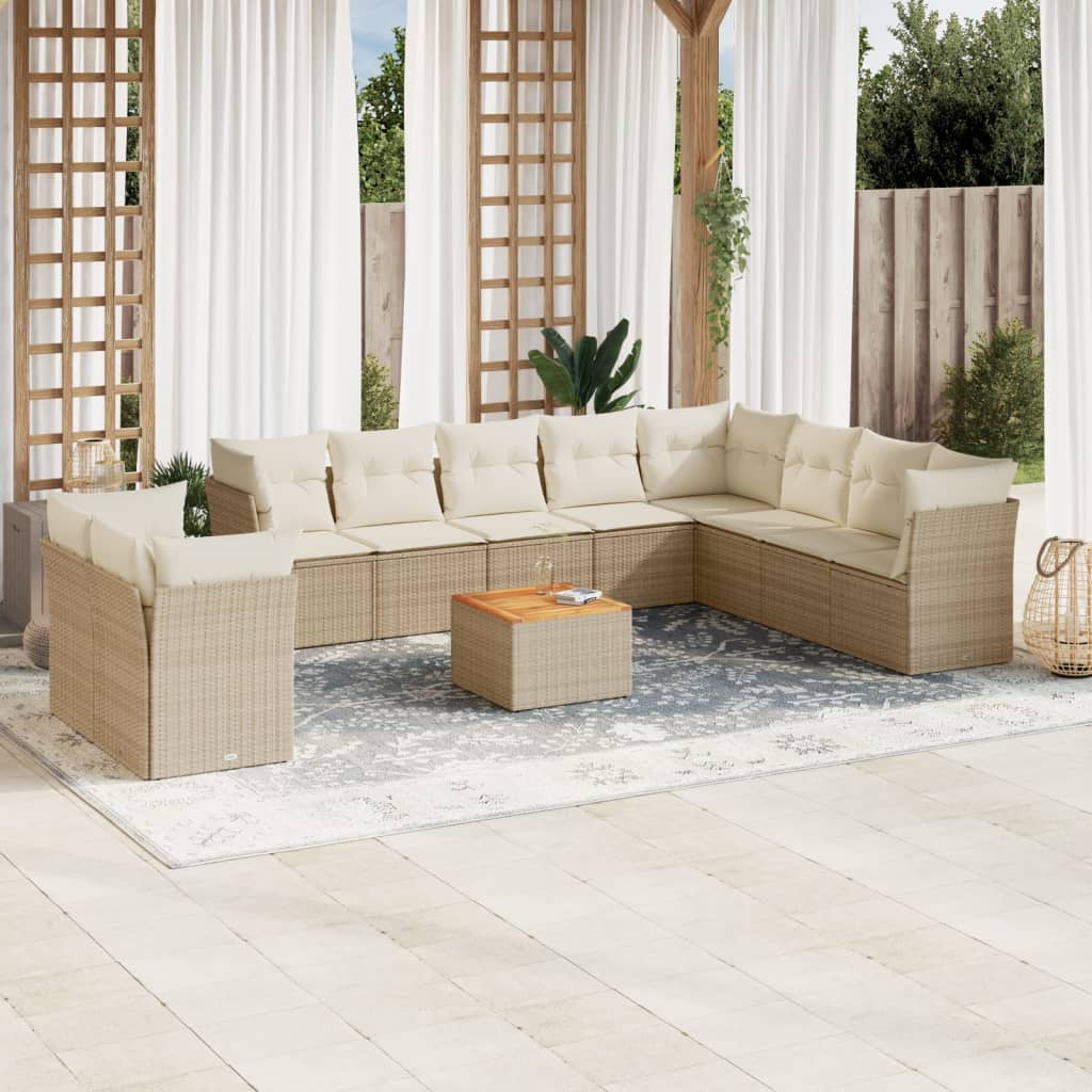 Loungegrupp för trädgården m. dynor 11 delar beige konstrotting