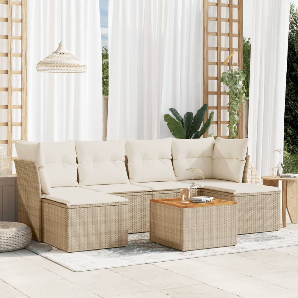 Matgrupp för trädgården med dynor 7 delar beige konstrotting