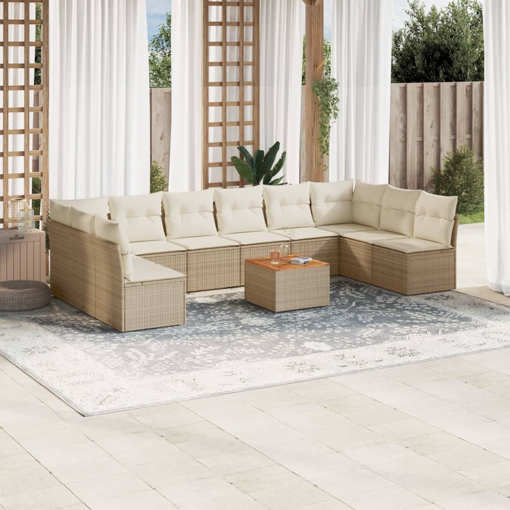 Loungegrupp för trädgården m. dynor 11 delar beige konstrotting