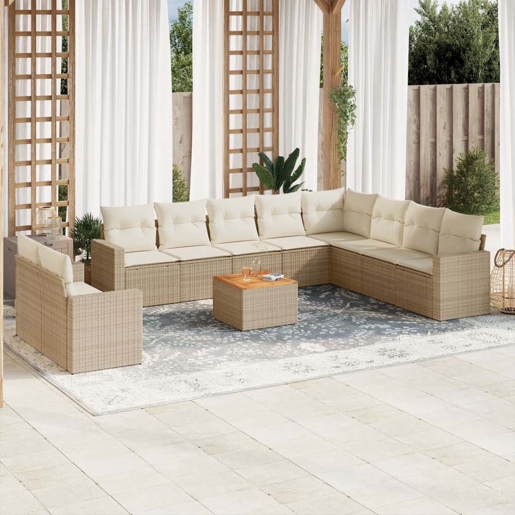 Loungegrupp för trädgården m. dynor 11 delar beige konstrotting