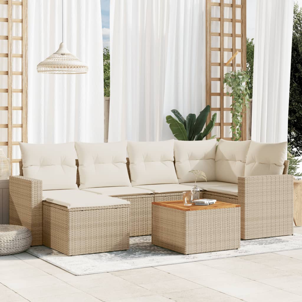 Matgrupp för trädgården med dynor 7 delar beige konstrotting