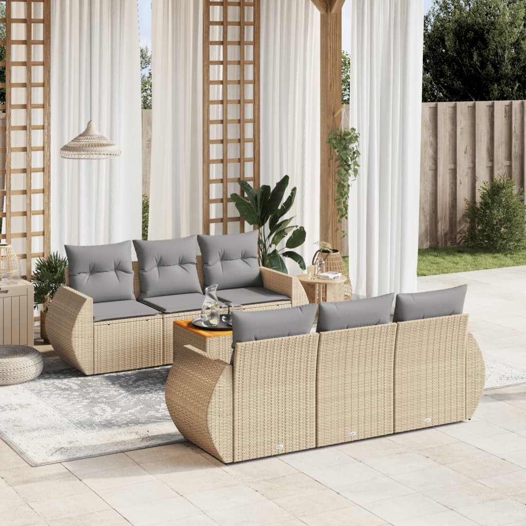 Matgrupp för trädgården med dynor 7 delar beige konstrotting